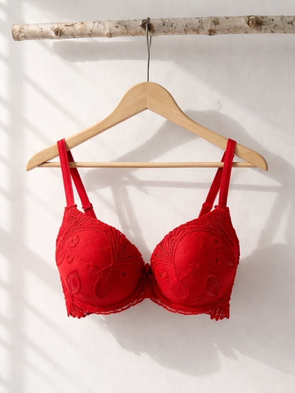 La Vi En Rose Red embroidered Lace Bra 36A